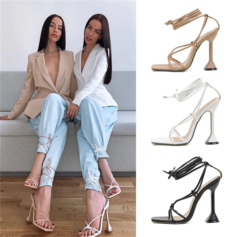 Summer Woman Shoes Sandals Basic Pu Fashion Cross-tied Spike Heels Lace-Up Party Pumps size 35- 41 Black White Apricot