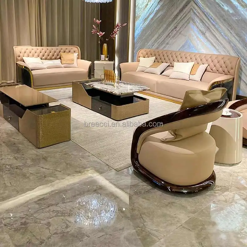 Italian Modern Luxury High Quality Gold Stainless Steel Imitation Leather Sectional Sofas for Hotel Living Room Furniture Sets