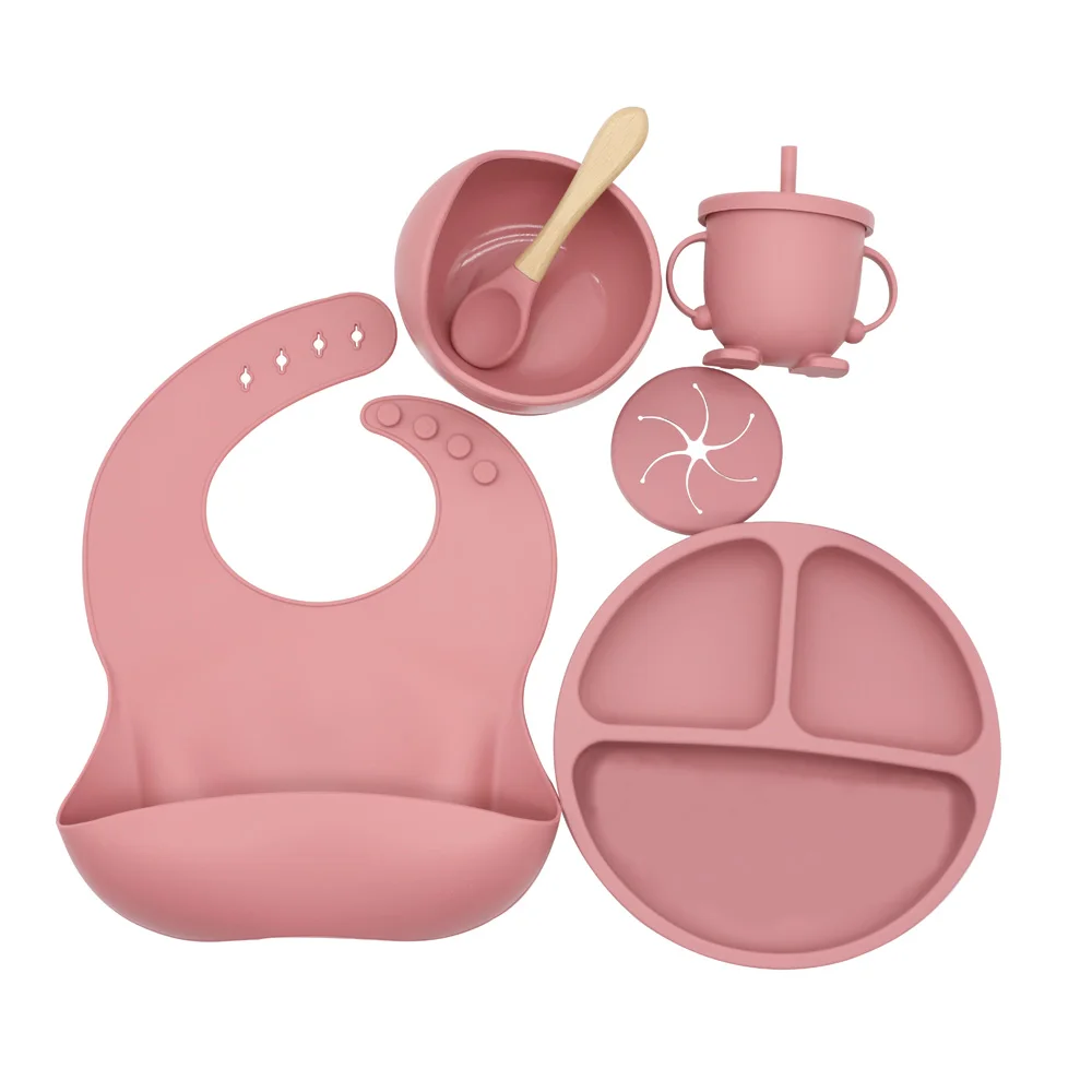 Silicone baby feeding set silicone baby round plate food catch printing bib suction bowl with spoon 6pcs tableware