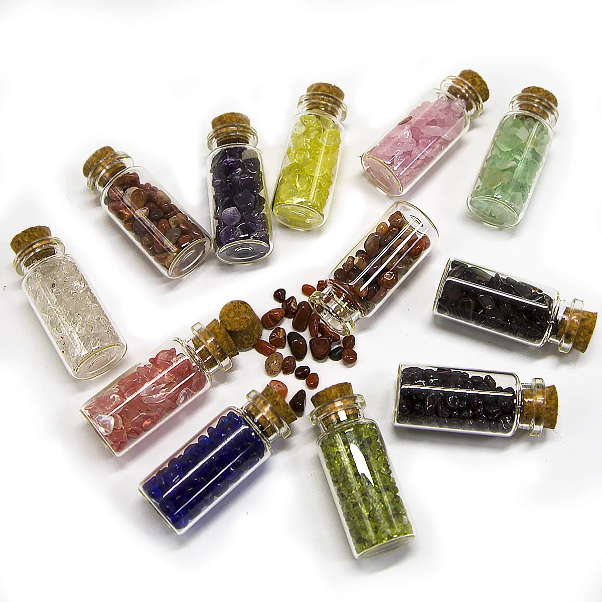 Luxury Amazon Hot Sale Spiritual Healing Chakra Set European-style Raw Colorful Crystal Energy Stones in Glass Bottle of