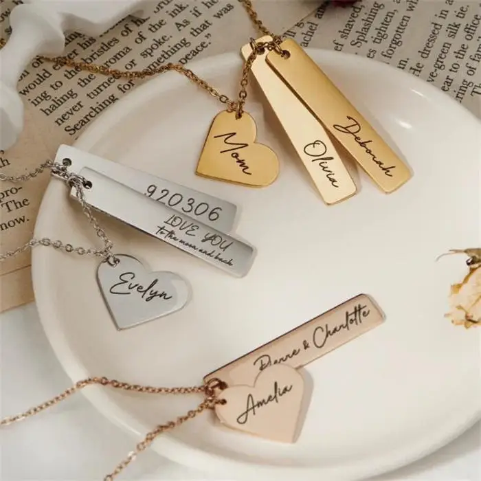 Custom Engraving Jewelry Name Words Necklace 18k Gold Plated Rectangle Bar Heart Charm Necklace For Women