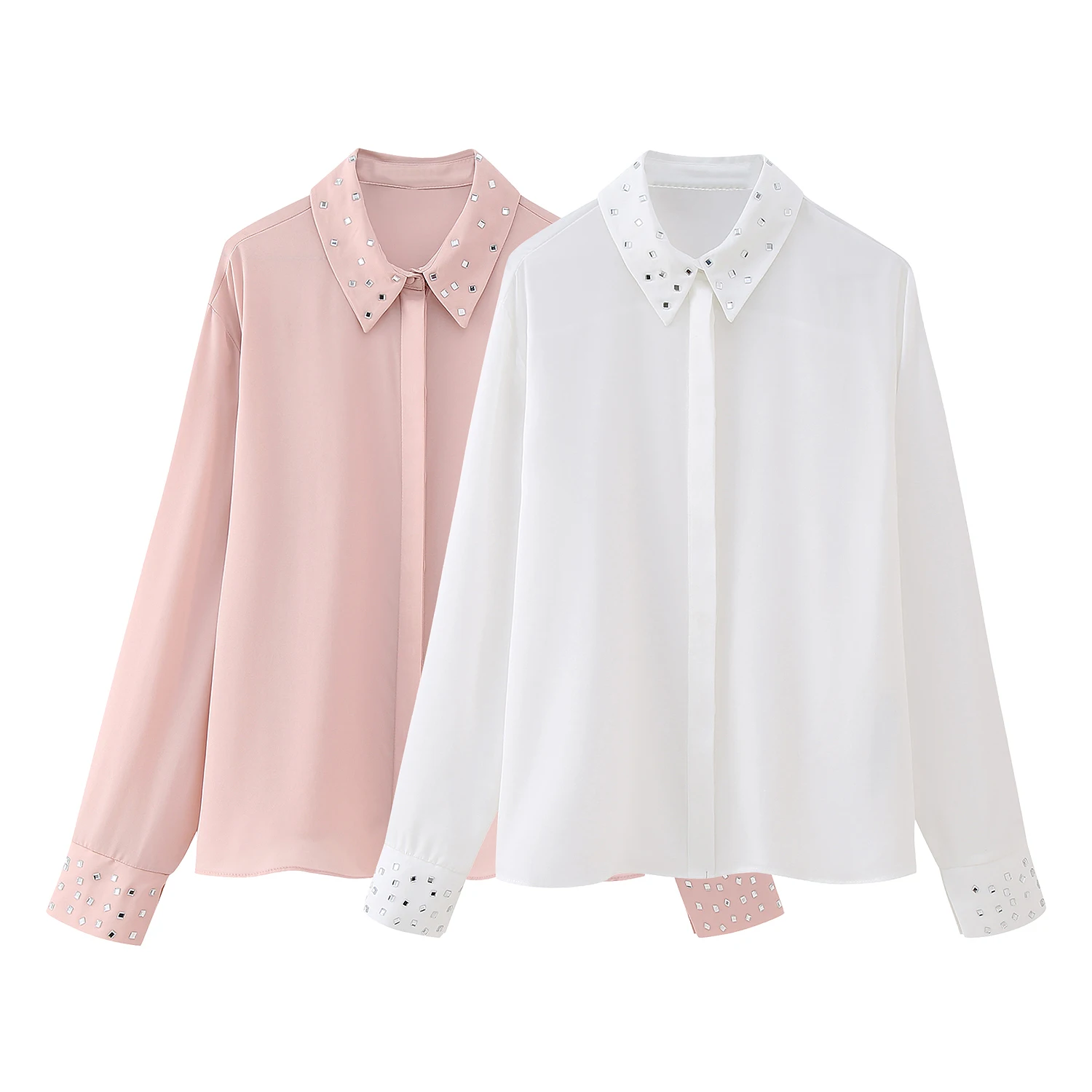 2 colorway turn down collar with beading long sleeve solid color casual women modest blouse