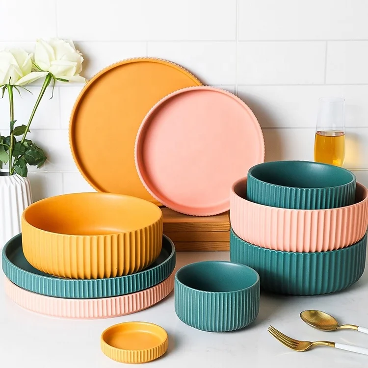 
Ceramic European style macaron frosted Roman pattern household tableware bowls plate and dishes  (1600093933178)