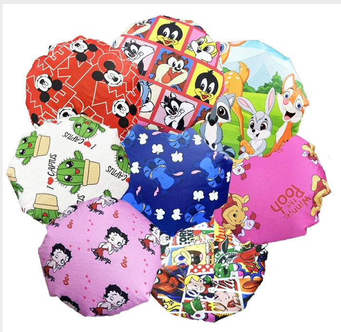 HX2107 Sample Free Double Layer Satin Silk Hair Bady Sleeping Cap Pink Inner Designer Anime Mouse Cartoon Characters Kids Bonnet