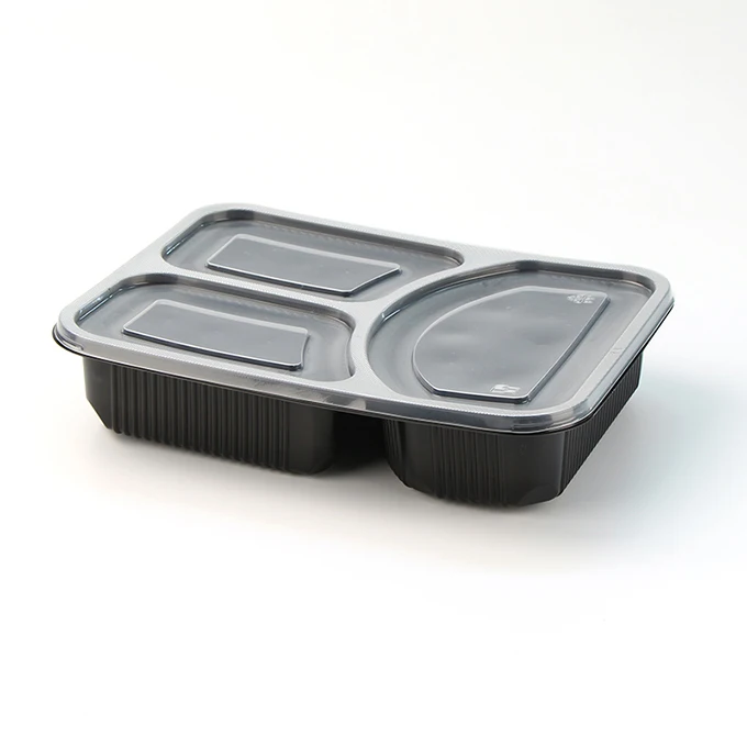 Eco Friendly Black Heavy Weight Microwave Disposable Food Bento Boxes Take Away 3 Compartment Lunch Boxes With Clear Lid