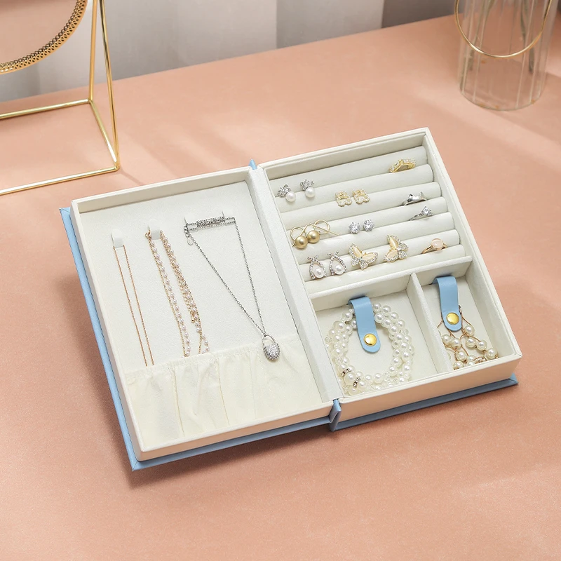 Wholesale Custom Logo Book Shaped Rectangular Jewelry Safe Box Organizer PU Leather Jewellery Necklace Ring Bracelet Gift Case