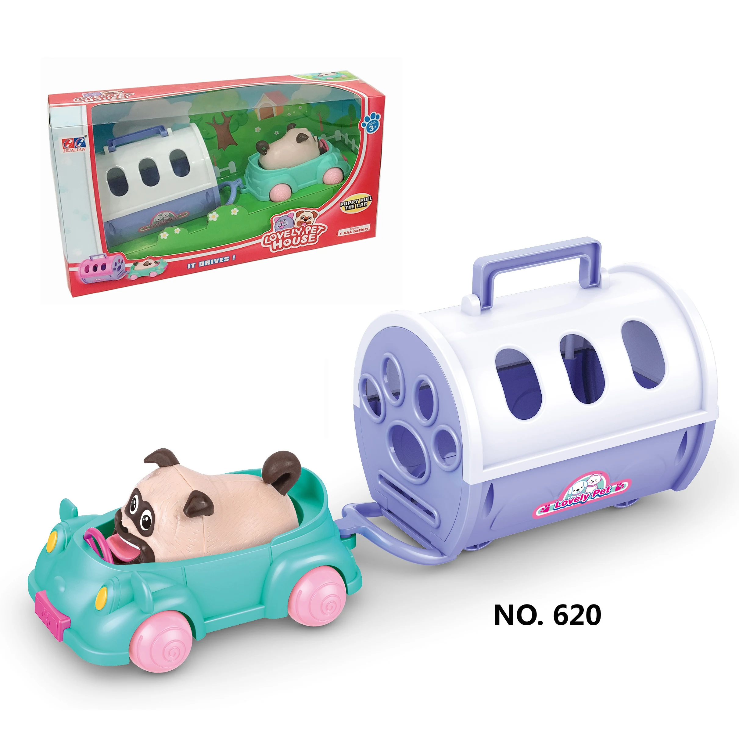 Симпатичная пластиковая электрическая гоночная собака с маленьким автомобилем и