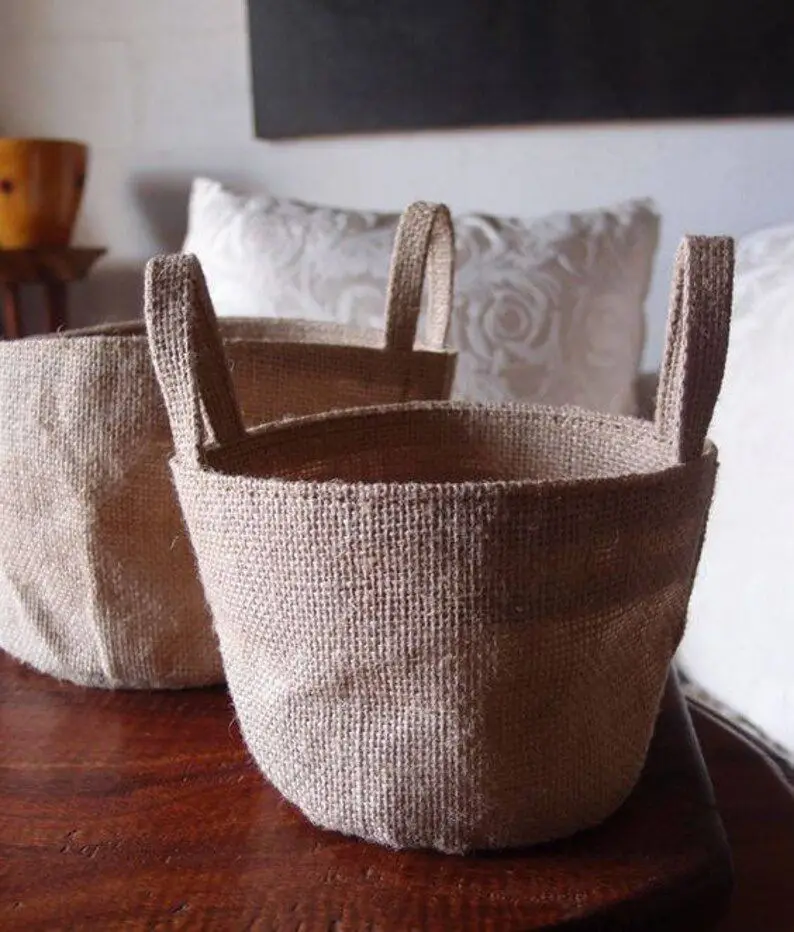 plant pot cover Eco burlap fabric  sack jute basket Flower Holders  Rustic Vintage NATURAL storage bag