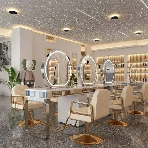 Newest Barber Hair Salon Double Sided Gold Led Salon Round Styling Mirror Station With Storage