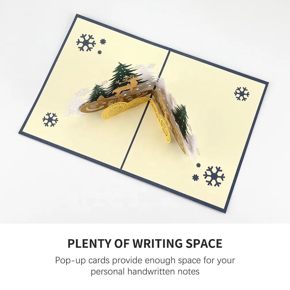 Wholesale Laser Cut Luxury Elk Holiday Merry Christmas Pop-up Pop Up Greeting Cards with Envelopes