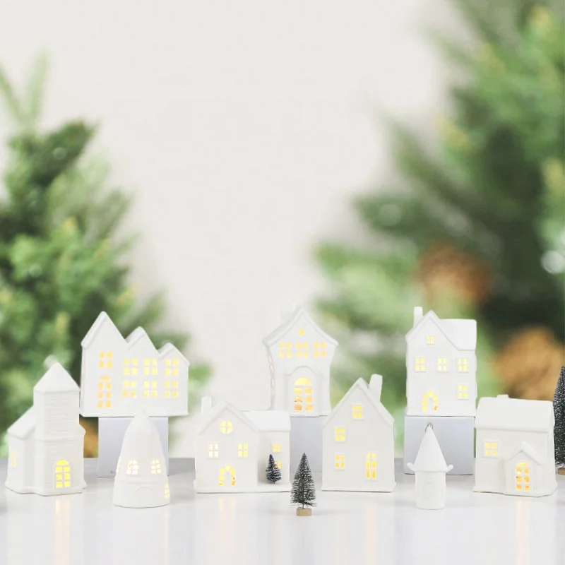 Scandinavian Style Christmas LED Lights Decoration, Hollow Little House Crafts, Ceramic Ornament