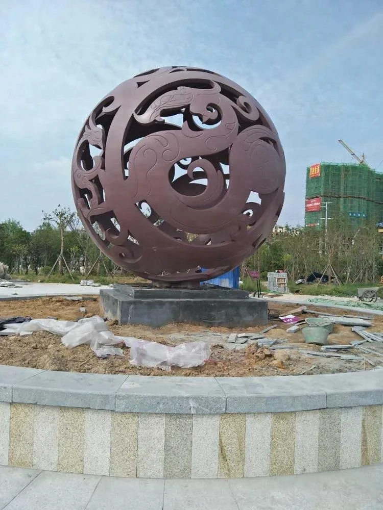Modern metal art sphere phoenix hollow carving ball statue outdoor landscape display stainless steel garden sculpture
