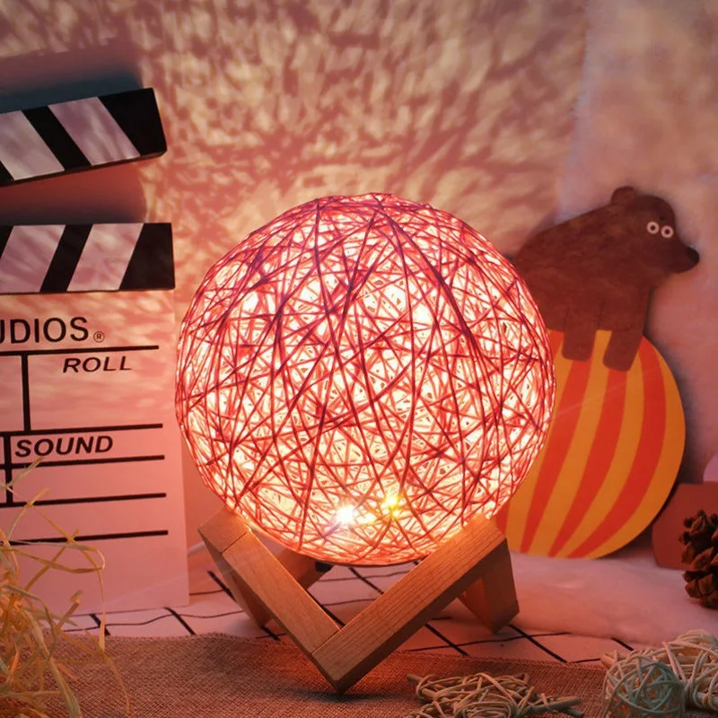 Modern Bedside LED Night Light Ball Rattan Lampshade Table Moon Lamp Empire Wood & Rattan Electric Living Room White 220V 60 90