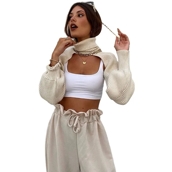 Для женщин с длинными рукавами вязаный свитер с высоким воротом, Повседневные высокие сапоги с трикотажным голенищем в стиле митенки для женщин свитер