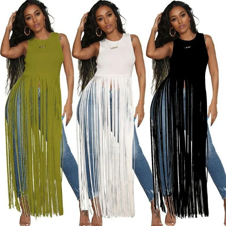 
09847SS hot sale fashion sexy tassel solid color sleeveless women casual T shirt 