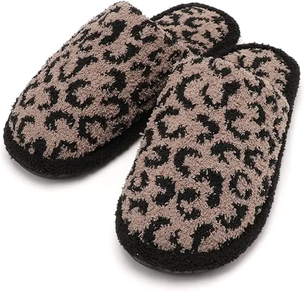 Women Animal Print Comfort Fluffy Fuzzy Slip-on House Slippers closed Toe Indoor Outdoor Non-Slip Slippers for Lady