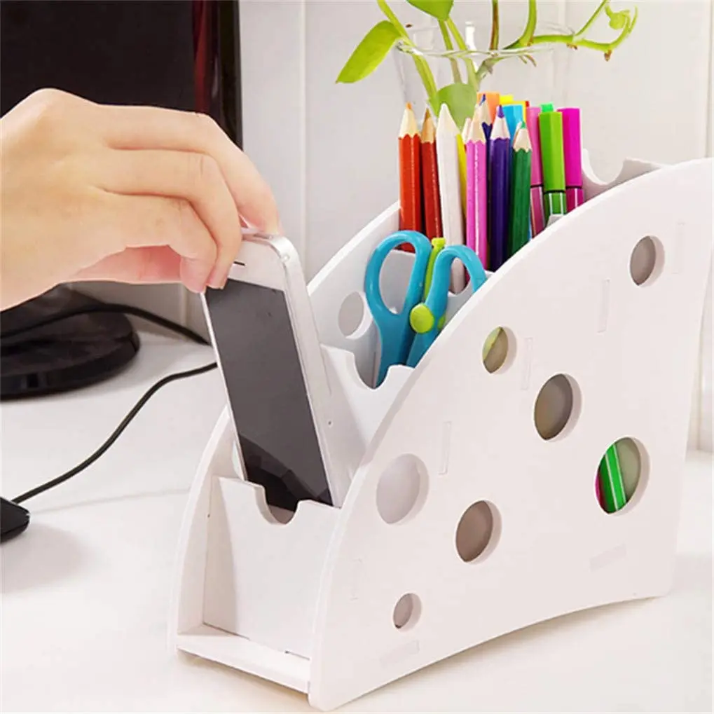 
White Remote Control Holder Caddy Coideal 4 Compartments Carving Detachable Desktop Organizer Pen Pencil Holder Container 