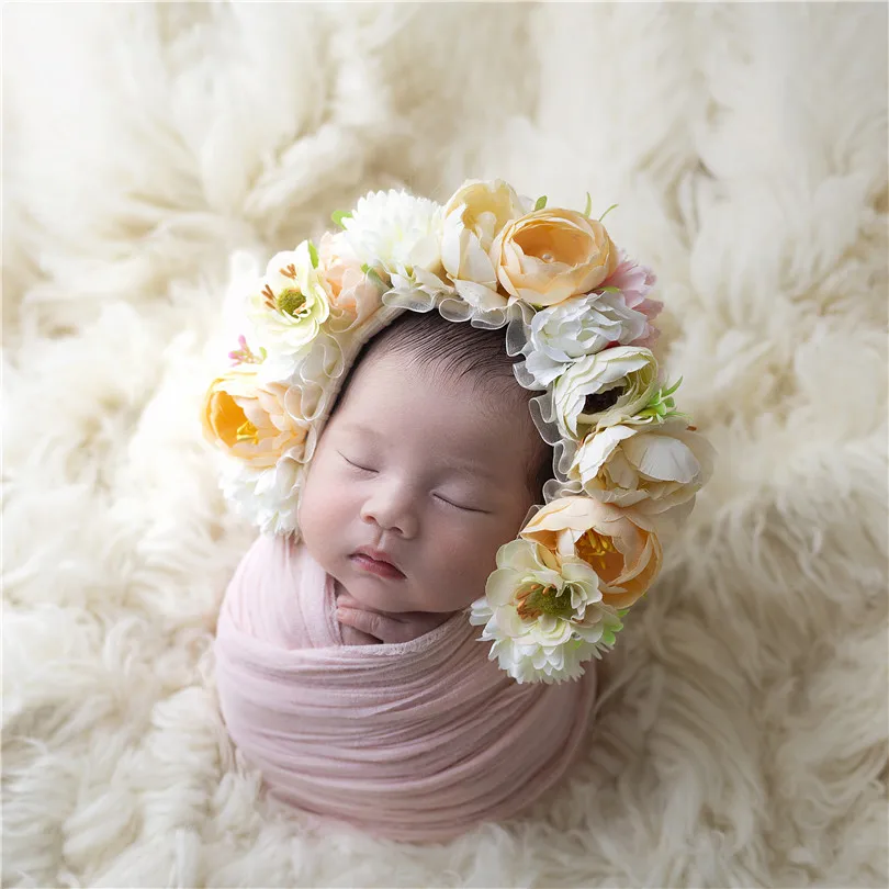 Newborn Girl Floral Bonnet Photography Shoot Sunflower Garden Baby Hat Photo Props Hand Knit New Born Bonnet Hat