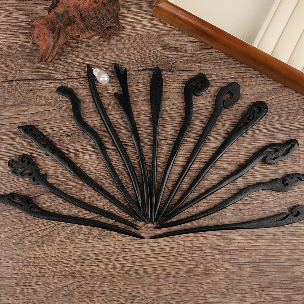 Black Wooden Hair Stick Female Head Handmade Flower Temperament Hairpin Vintage Simple Retro Hairpins For Girl