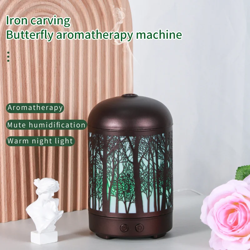 Wholesale 100ml Metal Aroma Diffuser 7 Color LED Lights Forest Pattern Essential Oil Humidifier for Household