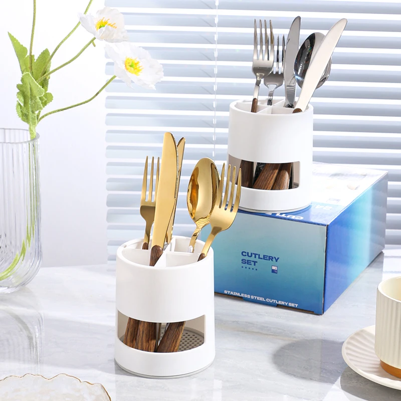 New Arrival wood handle cutlery set stainless steel spoon fork knife with ceramic handle 24pcs Flatware set Gift box