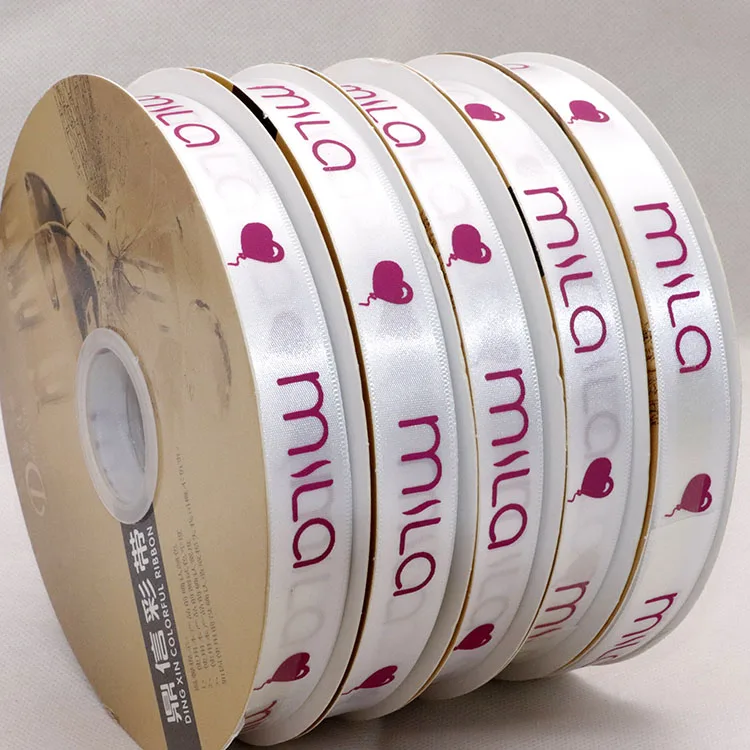 Factory custom artwork ogo silk printed satin ribbon , 2 cm white single face personalised polyester ribbon printed for bows