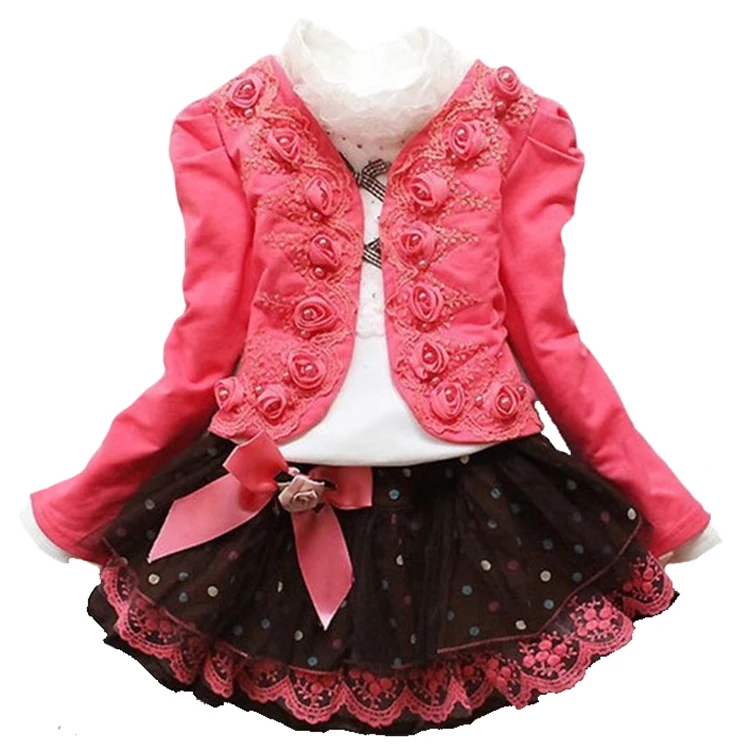 
Factory Direct Sales Girls Spring and Autumn Rose Flower Dress Three-piece Suit 