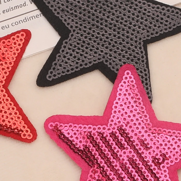 Custom patches no minimum cheap Low MOQ Clothes DIY Accessory small iron on glitter red black sequin star patches for clothing