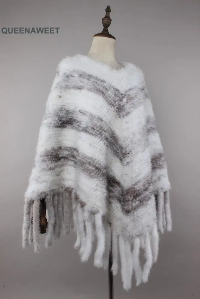 Winter Women Party Wear Fashion Natural White Knitted Mink Fur Shawl Cape