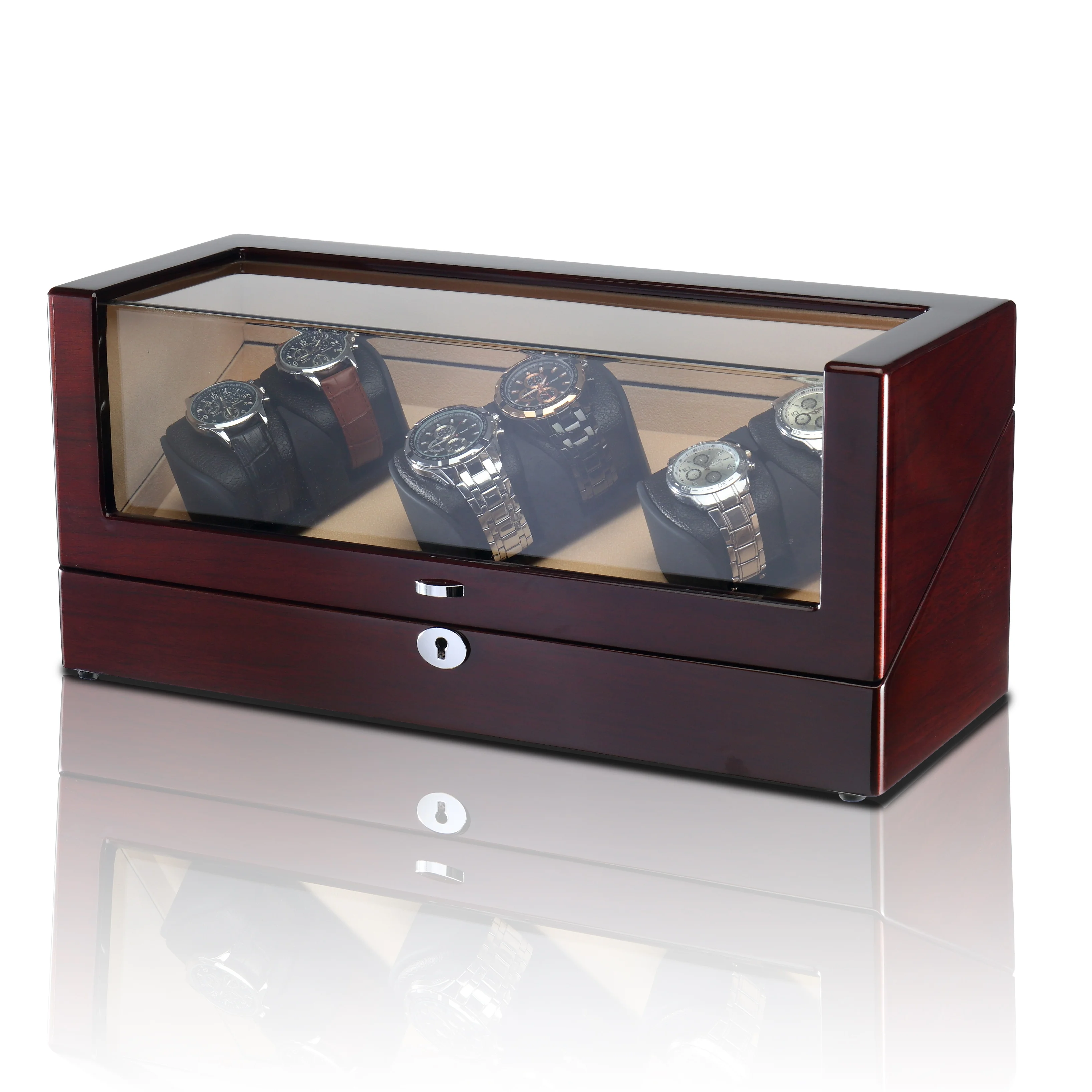 2024 New Design Modern Super Silent Stepping Motor 6+6 Watch Winder Case Wooden Box With Flexible Plush Pillow