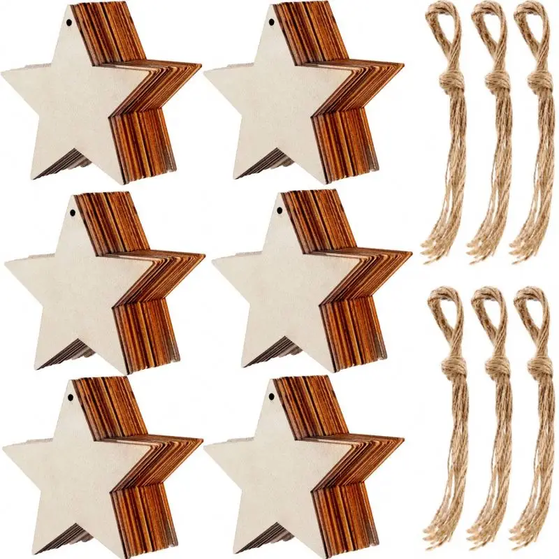 20 Pcs Christma Tree Hanging Ornaments Natural Wood Star Shape Cutouts Pentagram Slice