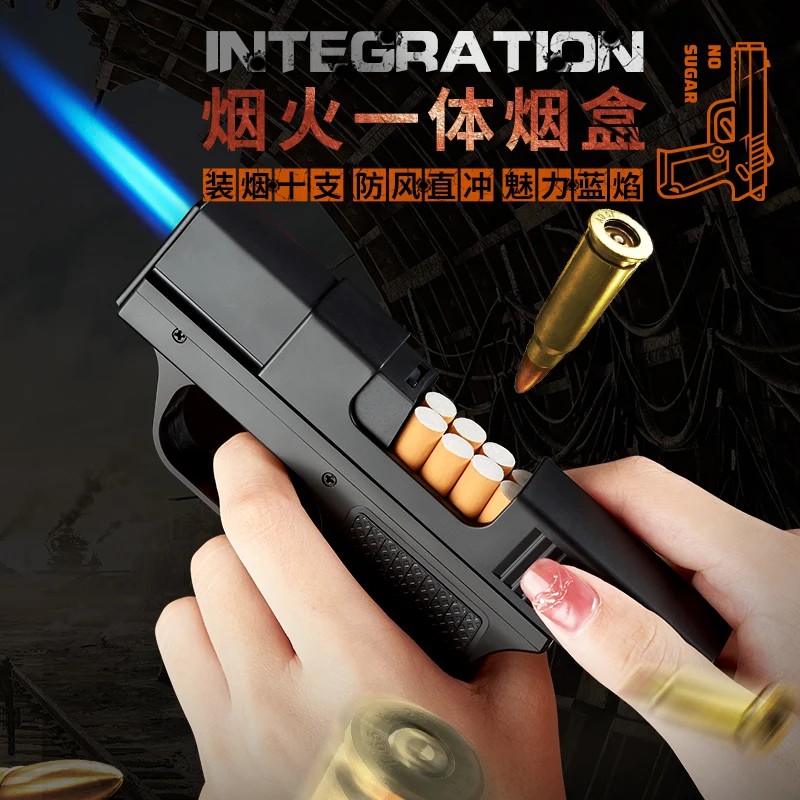 Hot selling gun model cigarette case auto pistol case built-in jet flame gas refillable torch lighter for cigar