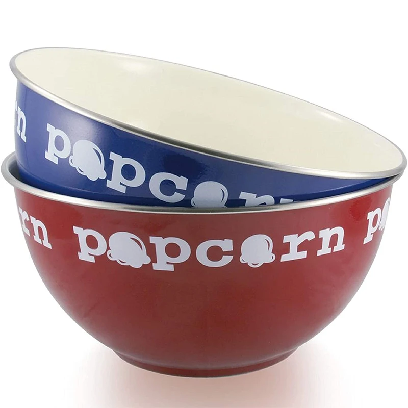 European market Large size custom logo printed red blue enamel Coated Popcorn soup serving footed Bowl with Stainless Steel rim
