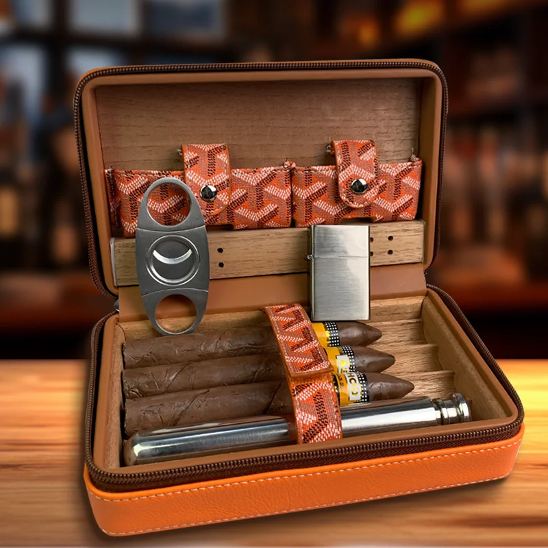 Vanace Various Color Luxury Portable Travel PU Imitation Crocodile Leather Cedar Wood 4 Finger Cigar Bag Humidor Cases