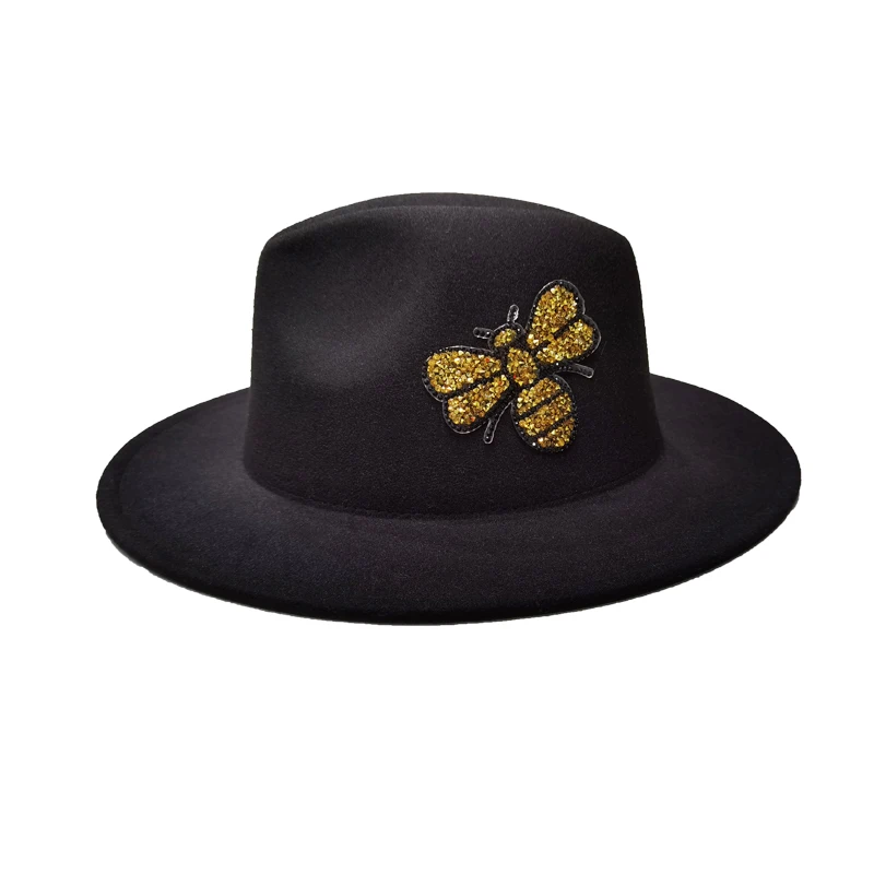 Newest Insect Bee Embroidered Women Woolen Fedora Hats Luxurious Wide Brim Panama Jazz Felt Fedora Hats