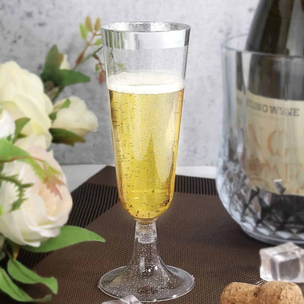 Silver Rim glitter Champagne Flutes 4 Oz Disposable Champagne Glasses, Plastic Toasting Glasses for Celebration, Wedding