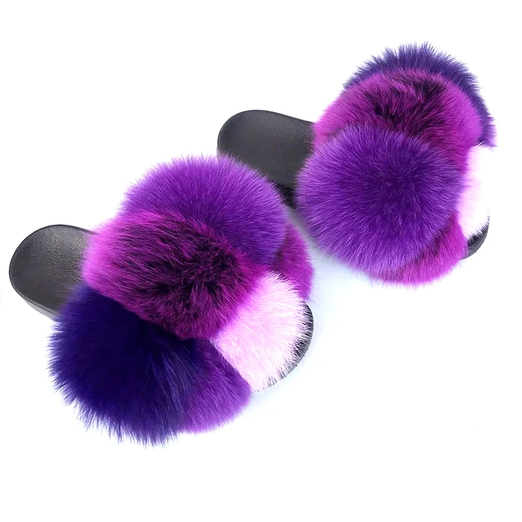 
Fluffy Soft Fur Slippers Women Luxury Fox aux fur fluffy slide good qualityreal fur slippers 