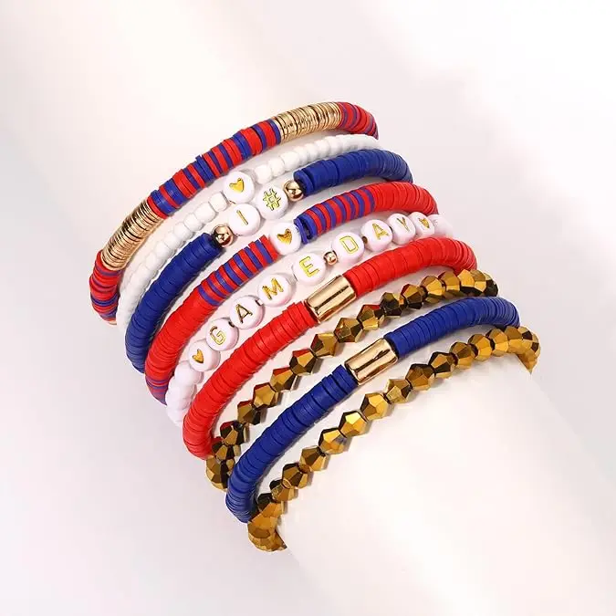 Game Day Personalized Initial Bubble Letter Charm Designer Stackable Colorful Heishi Stone Bead Bracelet Jewelry Set For Girls