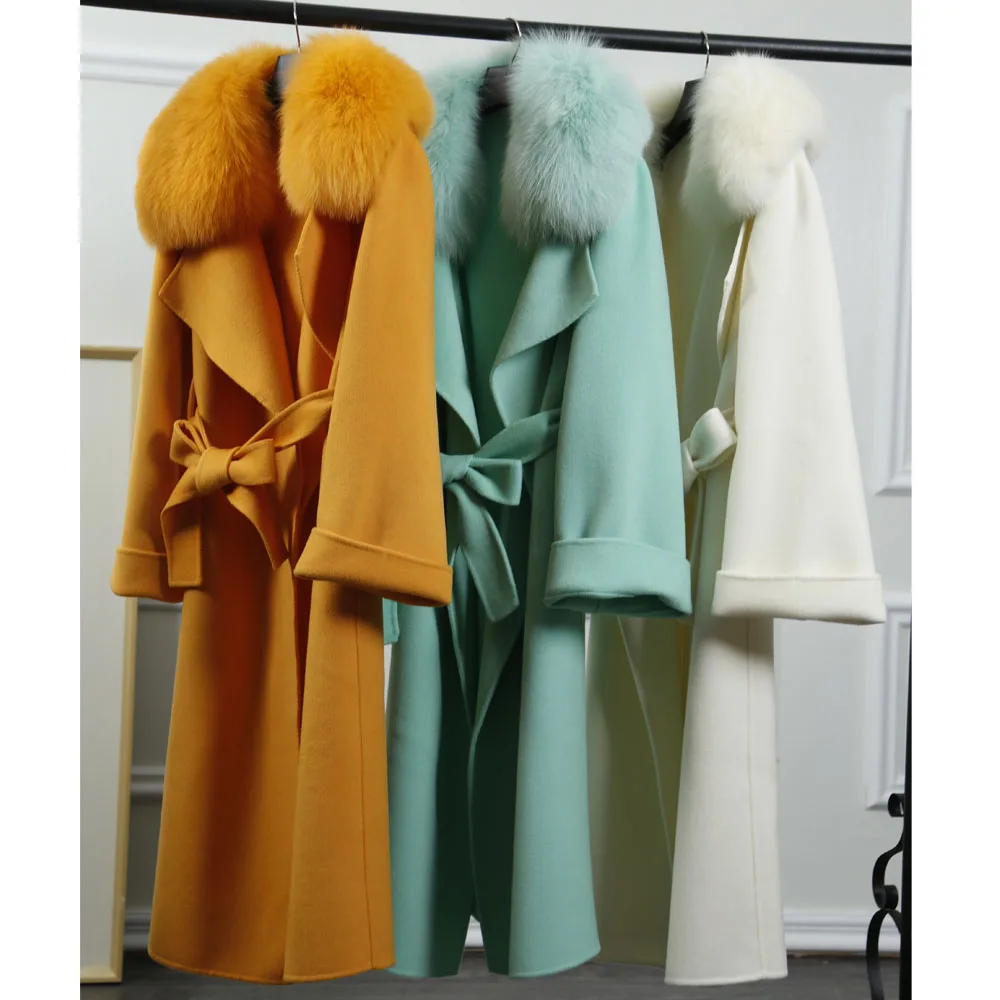 New Arrival 90% Wool 10% Cashmere Coat For Women With Fox Fur Collar