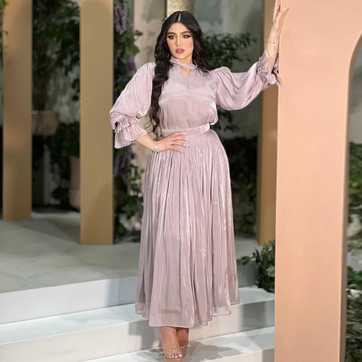 Modest Fashion Muslim Women Wear Bright Silk Satin Dress Elegant Dubai Evening Dress