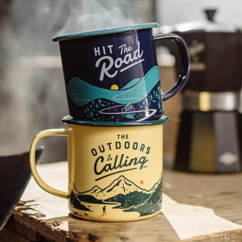 Wholesale 6/7/8/9/10/11/12/14cm 12oz Custom Logo Printed Metal Steel Outdoor Travel Enamel Camping Coffee Tea Cup Mug With Decal