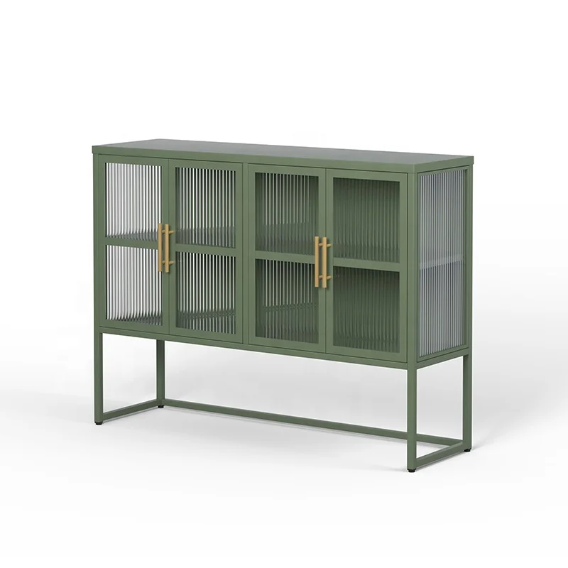 Fashion High Quality home usage display cabinet modern design 4 door wave glass cabinet green color