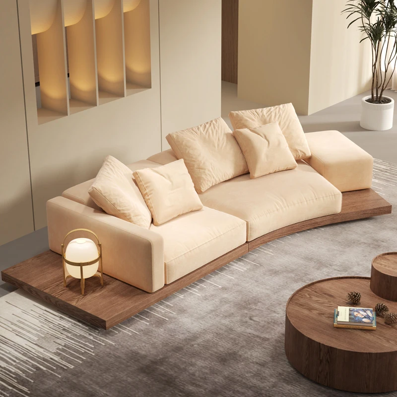 Japanese Style Fabric Sofa Homestay Living Room Villa High-Grade Solid Wood Log Color Curved Platform French Wooden Sofa
