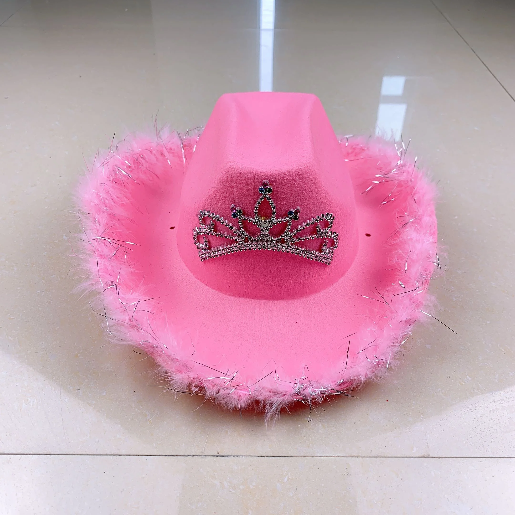 
Pink Rhinestone Bling Blinking Luxury Kids Pearls Felt Fuzzy Fashion Cowboy Cowgirl Hats 