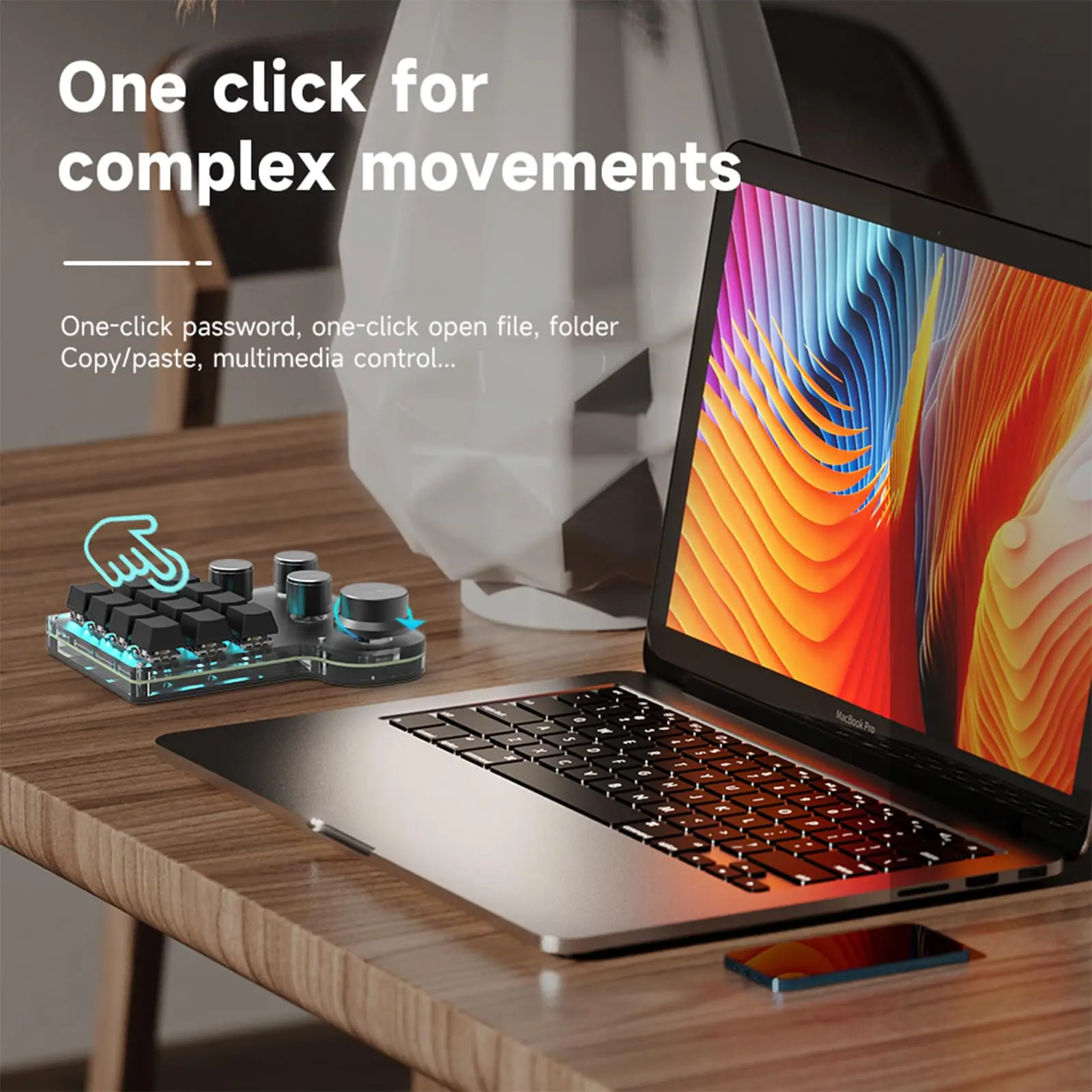 One Handed Keyboard Programmable Keypad 3 Modes 12 Keys 4 Knobs Blue Switch RGB LED Gaming Keyboard USB C BT 2.4G 6 Foot Pads