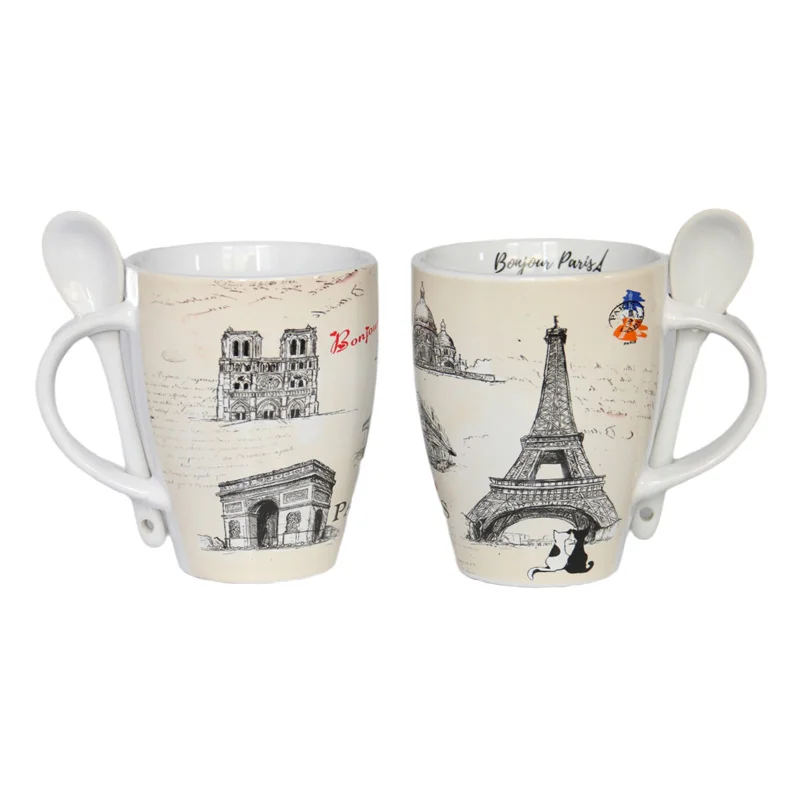 Custom Design Souvenir Elegant Eiffel Tower Ceramic Mug Perfect for Paris Travel Gift Unique Coffee Cup Set with Spoon