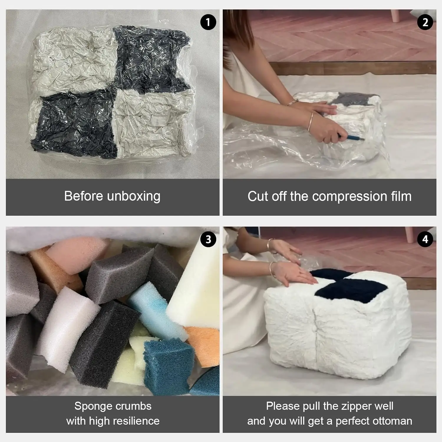 White Pink Stuffed Cube Ottoman Tidy Fabric Togo Floor Chair Squares Soft Compressed Bean Bag Sofa for Ladies to go sofa