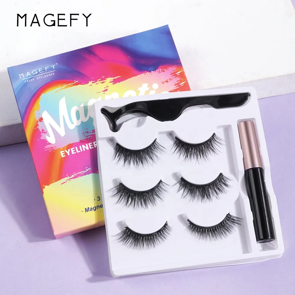 MAGEFY magnetic eyelashes wholesale newest 3 pairs pack 3d magnetic eyelashes and eyeliner set