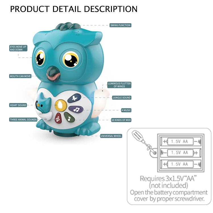 Multi-function Education Funny Shape Cute Electric Music Swinging Cartoon Plastic Owl Toy With Sound And Music