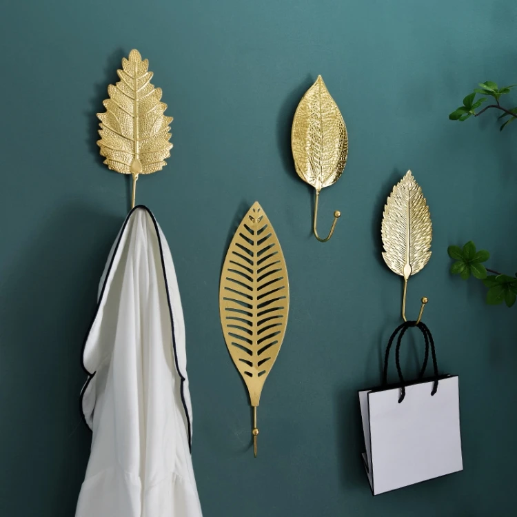 Golden Home Decor Metal Leaf Shape Kitchen Hook Door Wall Wardrobe Clothes Bag Key Scarf Hanger Decoration Multi-Purpose Hooks